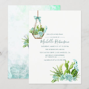 Watercolor Glass Terrarium Succulents Baby Shower Invitation