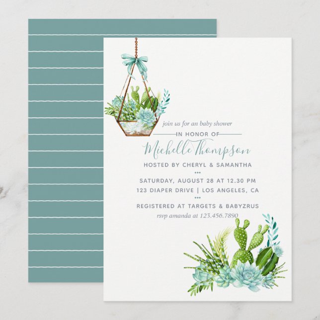 Watercolor Glass Terrarium Succulents Baby Shower Invitation (Front/Back)