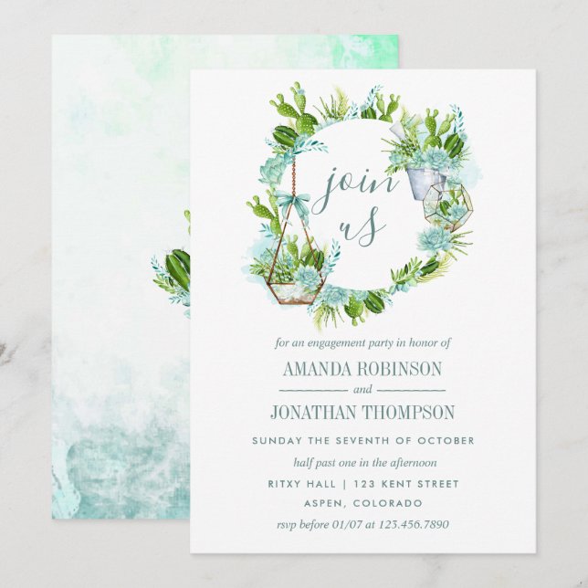 Watercolor Glass Terrarium Succulents Engagement Invitation (Front/Back)
