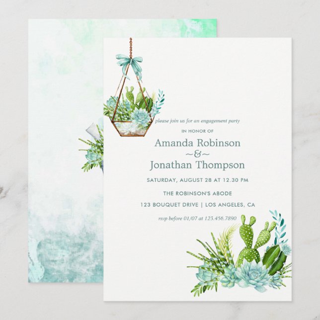 Watercolor Glass Terrarium Succulents Engagement Invitation (Front/Back)