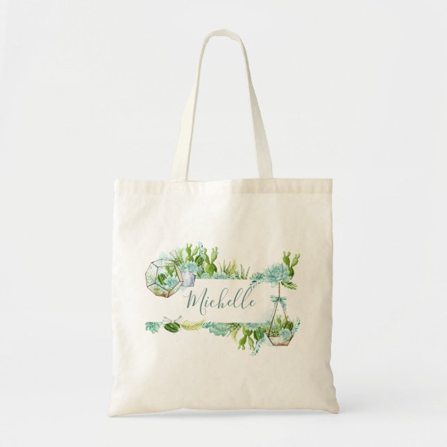 Watercolor Glass Terrarium Succulents Tote Bag (Front)