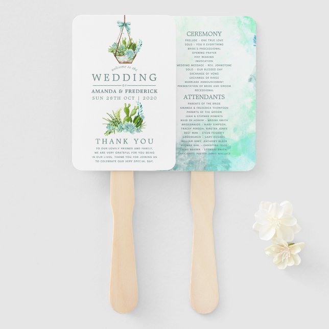 Watercolor Glass Terrarium Succulents Wedding Hand Fan (Front and Back)