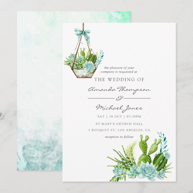 Watercolor Glass Terrarium Succulents Wedding Invitation (Front/Back)