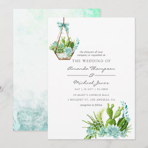 Watercolor Glass Terrarium Succulents Wedding Invitation