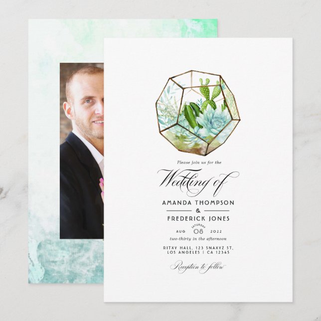 Watercolor Glass Terrarium Succulents Wedding Invitation (Front/Back)