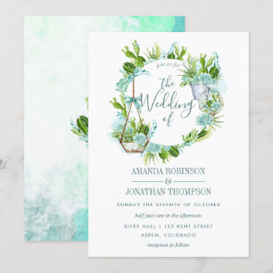 Watercolor Glass Terrarium Succulents Wedding Invitation