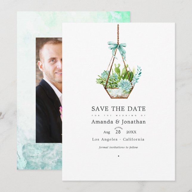 Watercolor Glass Terrarium Succulents Wedding Save Save The Date (Front/Back)
