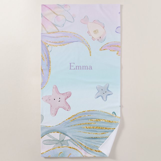 Watercolor Glitter Mermaid Tails Under the Sea Beach Towel (Front)