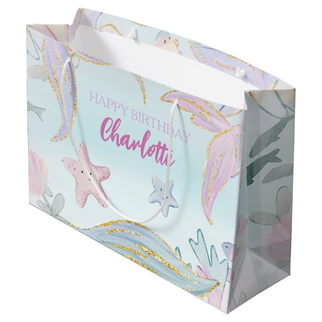 Watercolor Glitter Mermaid Under the Sea Large Gift Bag (Back Angled)