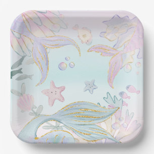 Watercolor Glitter Mermaid Under the Sea Party Paper Plate