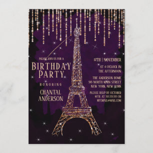 Watercolor Glitter Paris Eiffel Tower Birthday Par Invitation