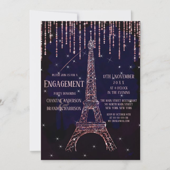 Watercolor Glitter Paris Eiffel Tower Engagement Invitation (Front)