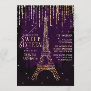 Watercolor Glitter Paris Eiffel Tower Sweet 16 Invitation