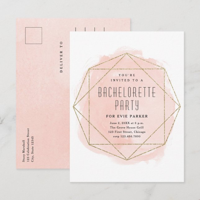 Watercolor Glitter Pink Bachelorette Party Invitation Postcard (Front/Back)