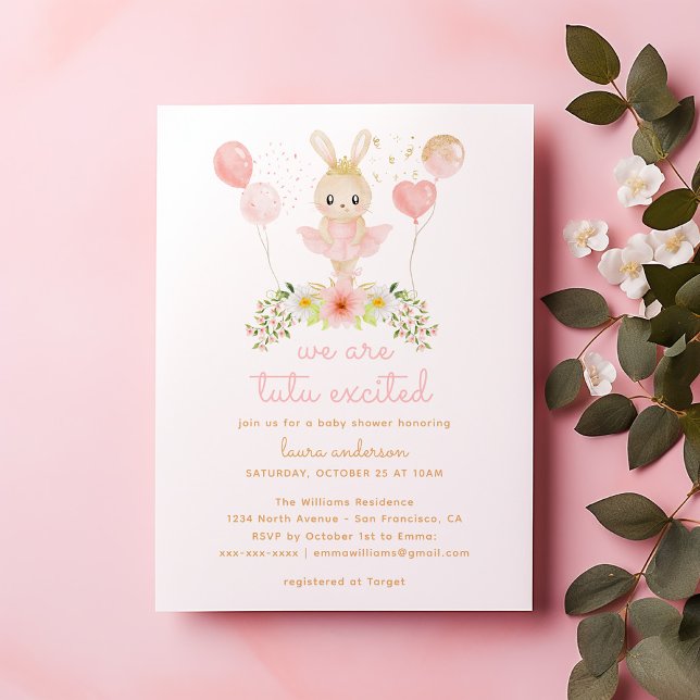 Watercolor Glitter Pink Tutu Ballerina Baby Shower Invitation (we are tutu excited baby shower card ready to customize)