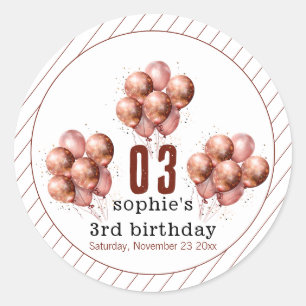  Watercolor Glitter Rose Gold balloon 3rd birthday Classic Round Sticker