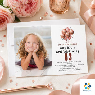 Watercolor Glitter Rose Gold balloon 3rd birthday Invitation