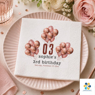 Watercolor Glitter Rose Gold balloon 3rd birthday Napkin
