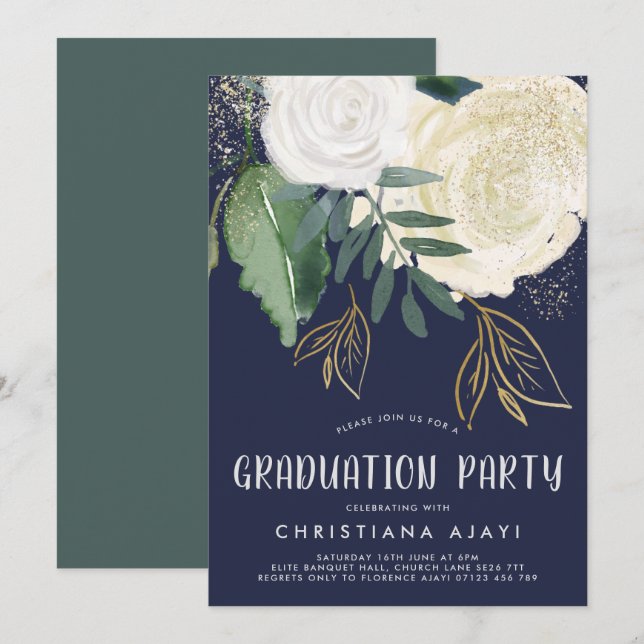 Watercolor & Glitter Roses Graduation Invitation (Front/Back)