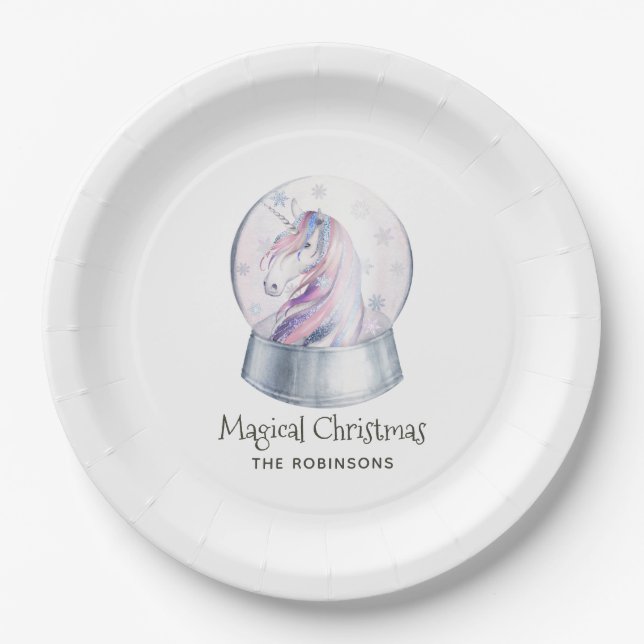 Watercolor Glitter Unicorn Christmas Paper Plate (Front)