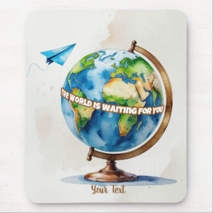Watercolor Globe and Paper Airplane Design Mouse Mat