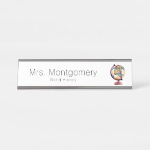 Watercolor Globe History or Geography Teacher Desk Name Plate