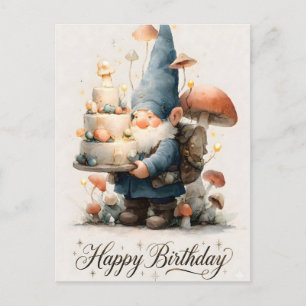 Watercolor Gnome Birthday Design with Tiered Cake Holiday Postcard