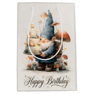Watercolor Gnome Birthday Design with Tiered Cake Medium Gift Bag