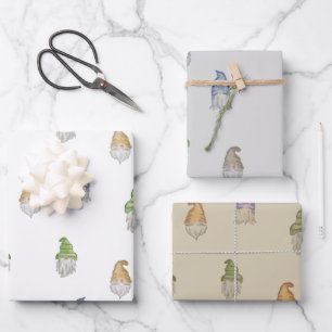 Watercolor Gnome Gift Wrap 3 Sheets 3 colours