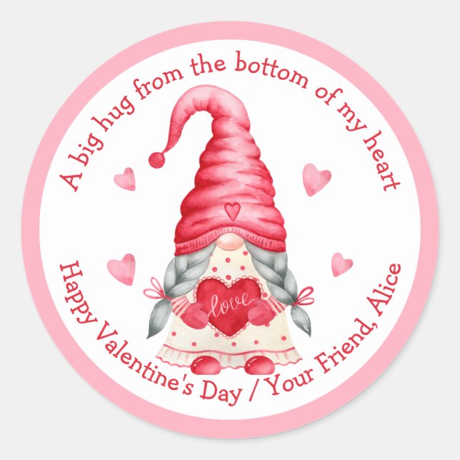Watercolor Gnome Girl Classmates Valentine's  Classic Round Sticker (Front)