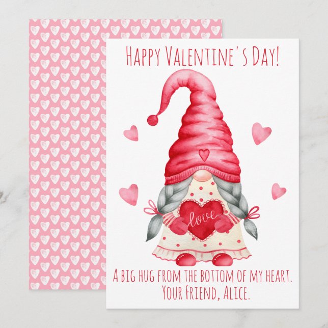 Watercolor Gnome Girl Classmates Valentine's  Holiday Card (Front/Back)