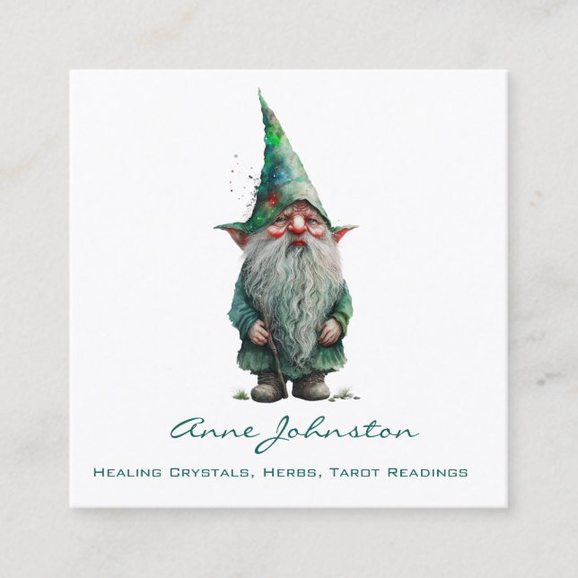 Watercolor Gnome Green Square Business Card (Front)