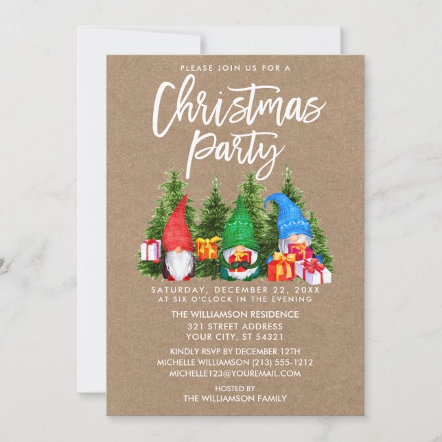 Watercolor Gnomes Christmas Party Kraft Invitation (Front)