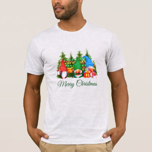 Watercolor Gnomes Green Merry Christmas Grey T-Shirt