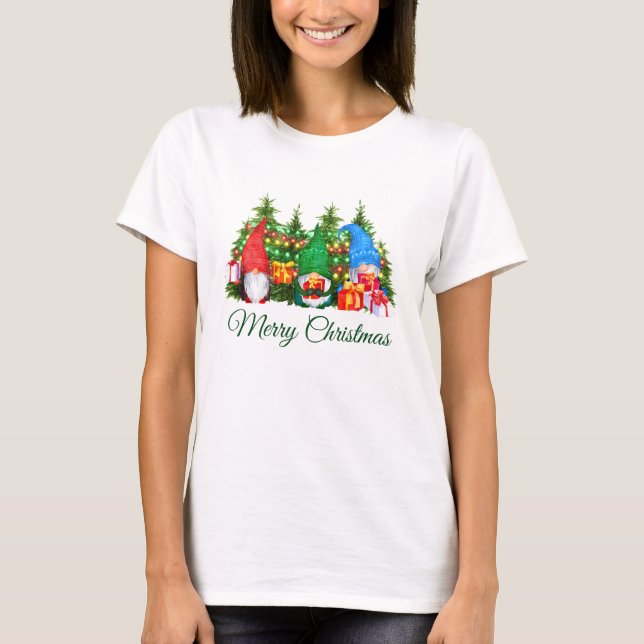 Watercolor Gnomes Green Merry Christmas W T-Shirt (Front)