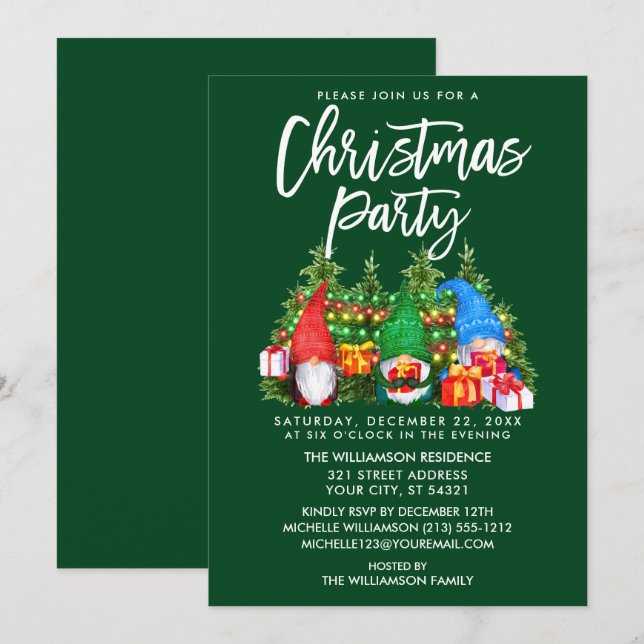 Watercolor Gnomes Lights Christmas Party Green Invitation (Front/Back)