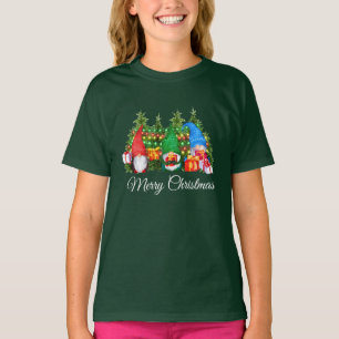 Watercolor Gnomes Merry Christmas Girl's Green T-Shirt