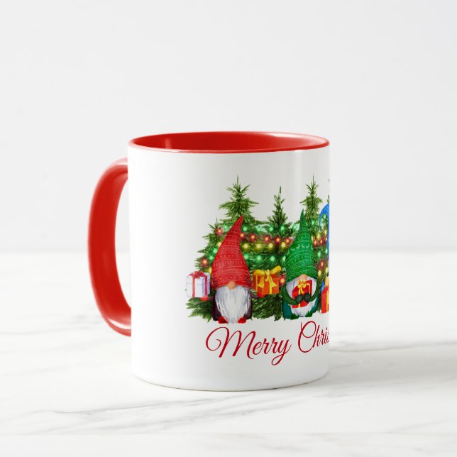 Watercolor Gnomes Merry Christmas Lights Red Mug (Front Left)