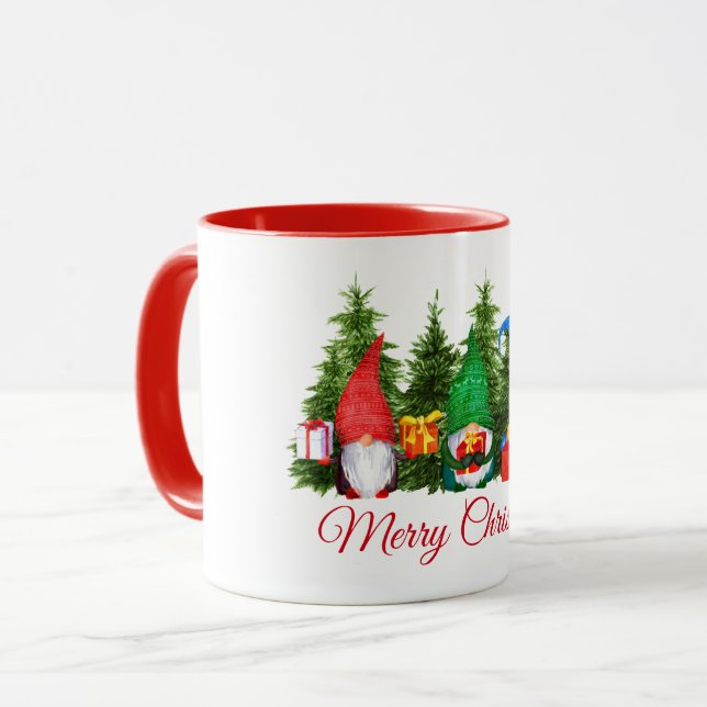 Watercolor Gnomes Merry Christmas Red Mug (Front Left)