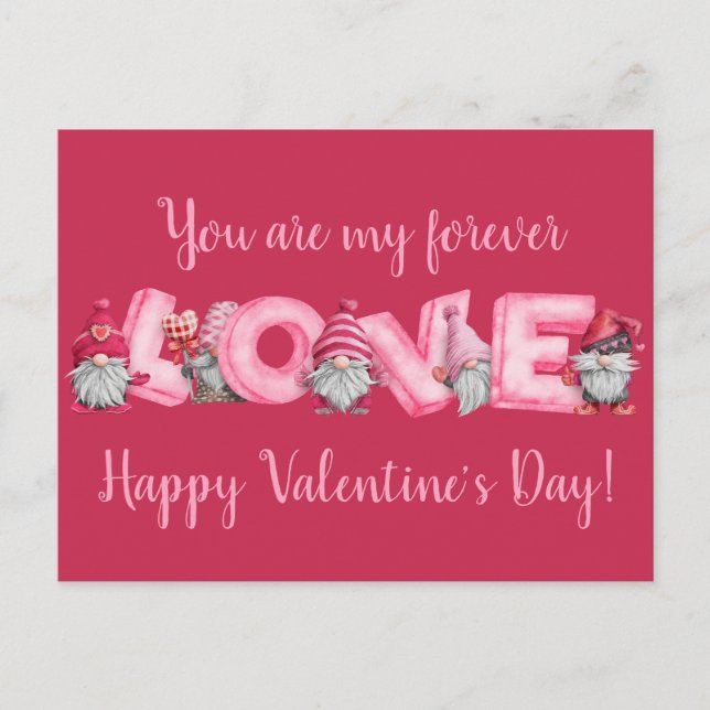Watercolor Gnomes Pink Valentine Greeting Postcard (Front)