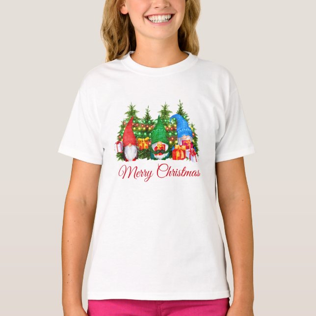 Watercolor Gnomes Red Merry Christmas Girl's T-Shirt (Front)