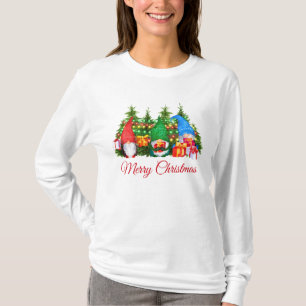 Watercolor Gnomes Red Merry Christmas Long W T-Shirt