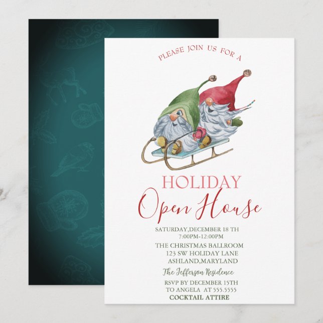 Watercolor Gnomes Sleigh Open House   Invitation (Front/Back)