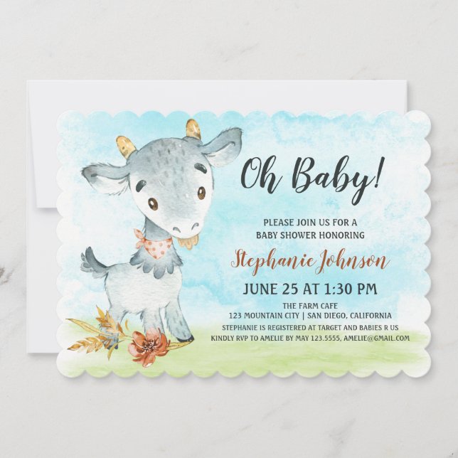 Watercolor Goat Baby Shower Farm Invitation (Front)