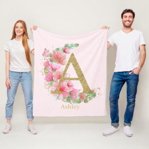 Watercolor Gold and Floral Monogram Letter A Fleece Blanket