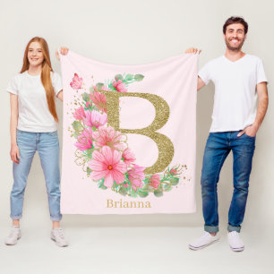 Watercolor Gold and Floral Monogram Letter B Fleece Blanket