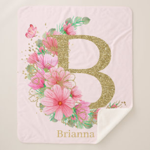Watercolor Gold and Floral Monogram Letter B Sherpa Blanket