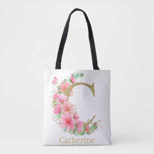 Watercolor Gold and Floral Monogram Letter C Tote Bag