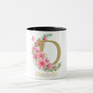 Watercolor Gold and Floral Monogram Letter D Mug