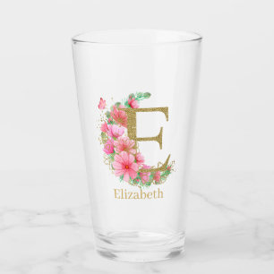 Watercolor Gold and Floral Monogram Letter E Glass